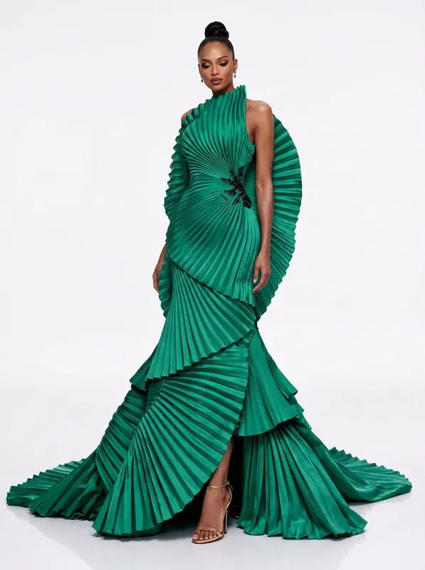 Emerald Sculpted Pleat Gown
