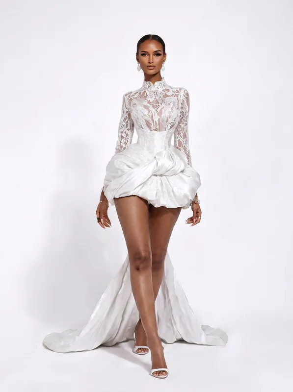 Ivory Lace & Train Mini Dress
